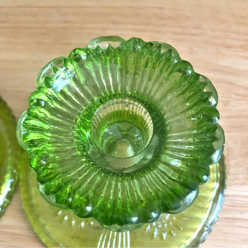 Pier 1 Imports Green Pressed Glass Chambersticks Taper Candlestick Holders Set 2